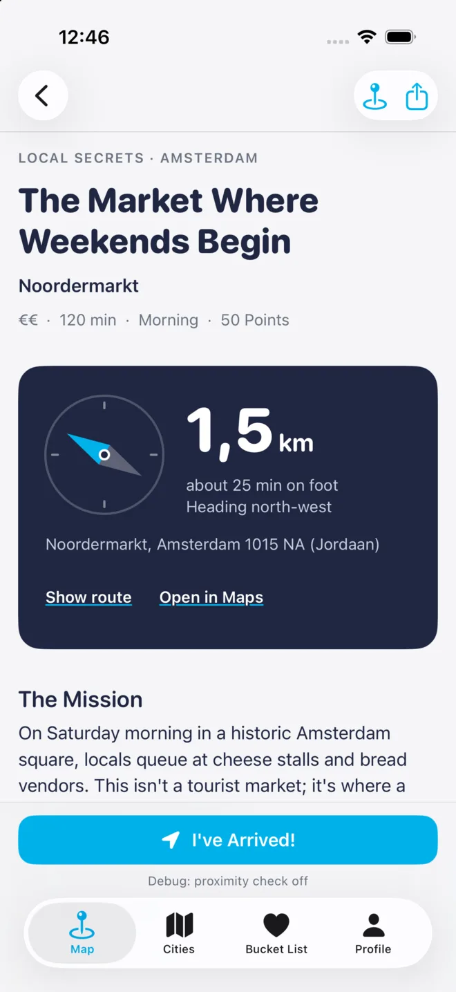 STRLL mission page with compass and distance to the spot