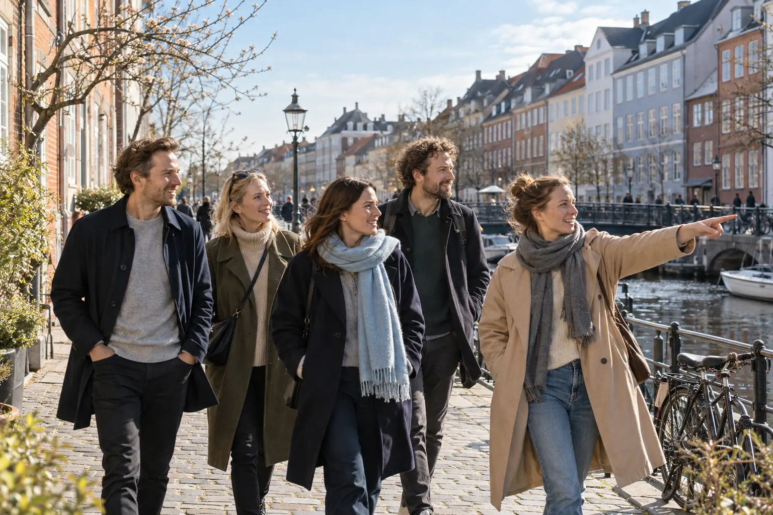 Five friends walk along a canal, laughing.