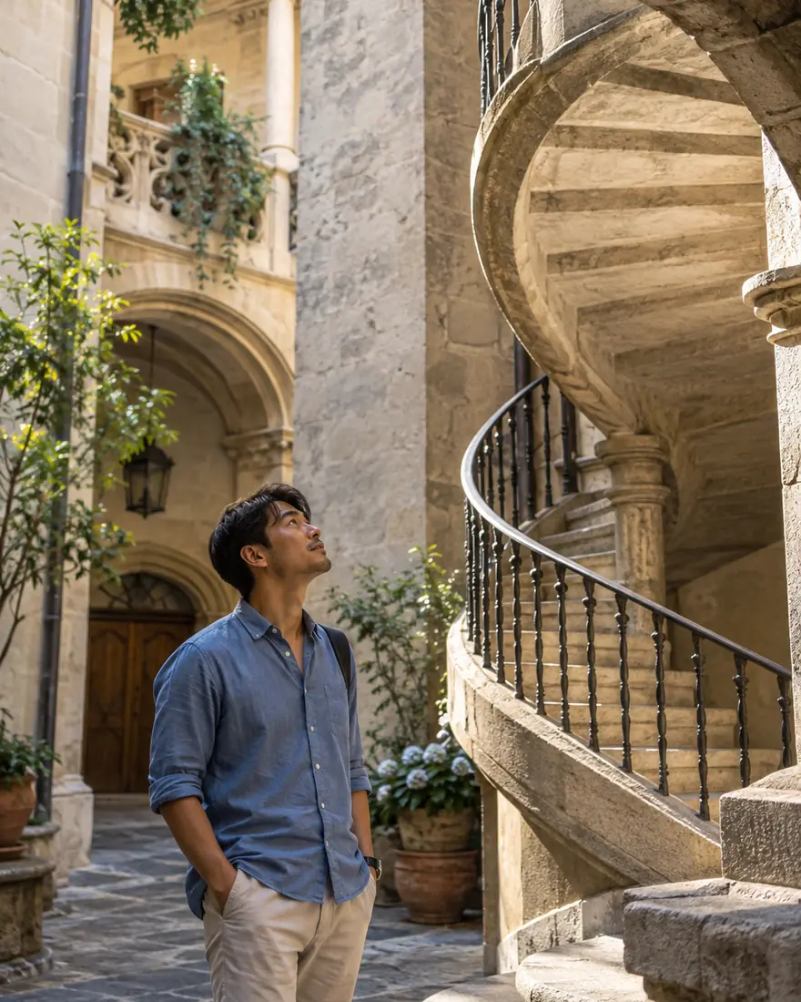 A man stands in front of a stone spiral staircase in a courtyard, looking up.