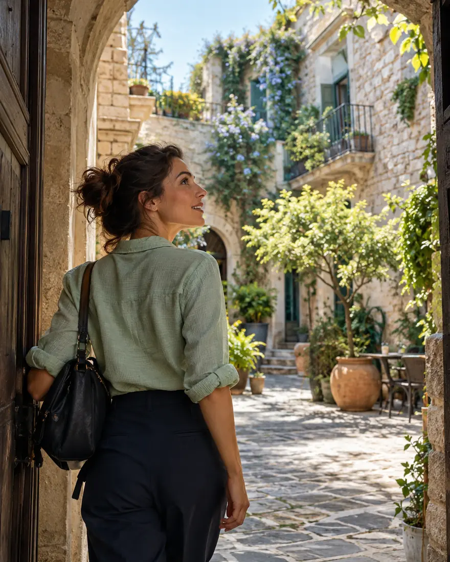 A woman steps through an archway into a hidden, leafy courtyard.