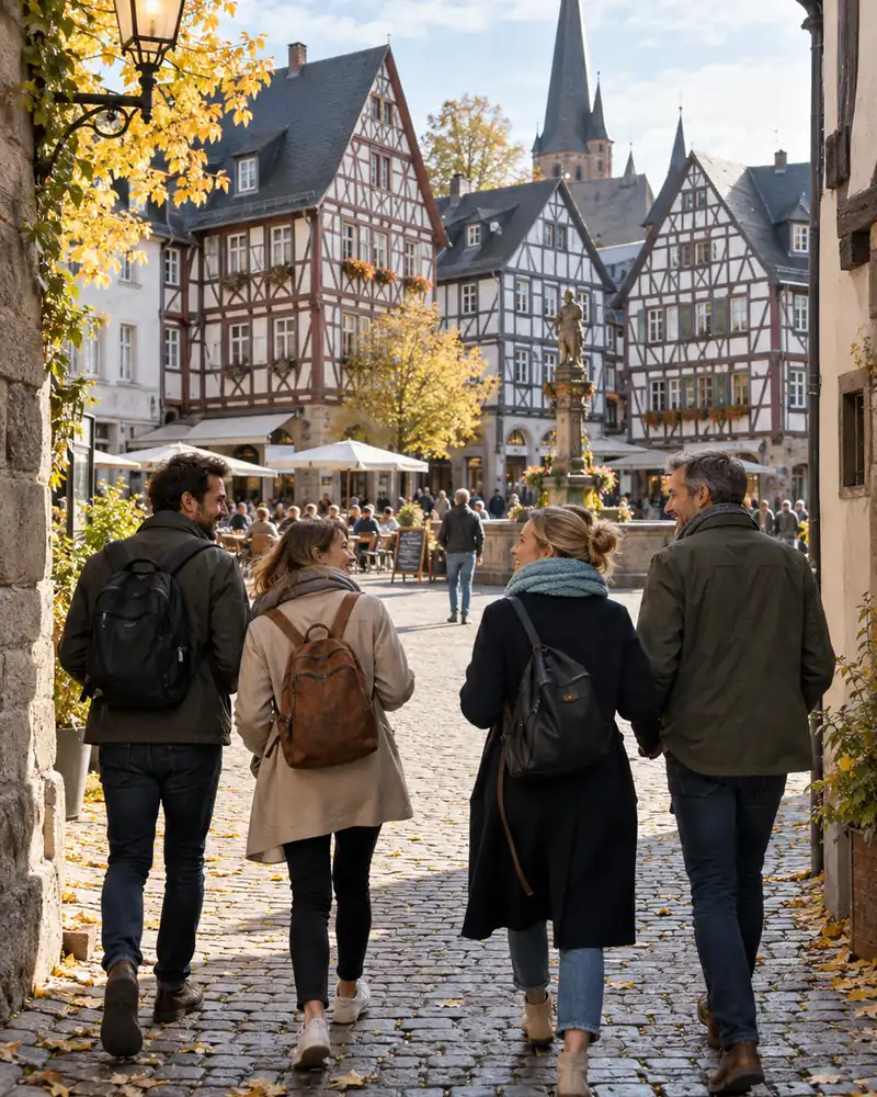 Four people walk down a cobblestone lane toward half-timbered houses and a church spire.