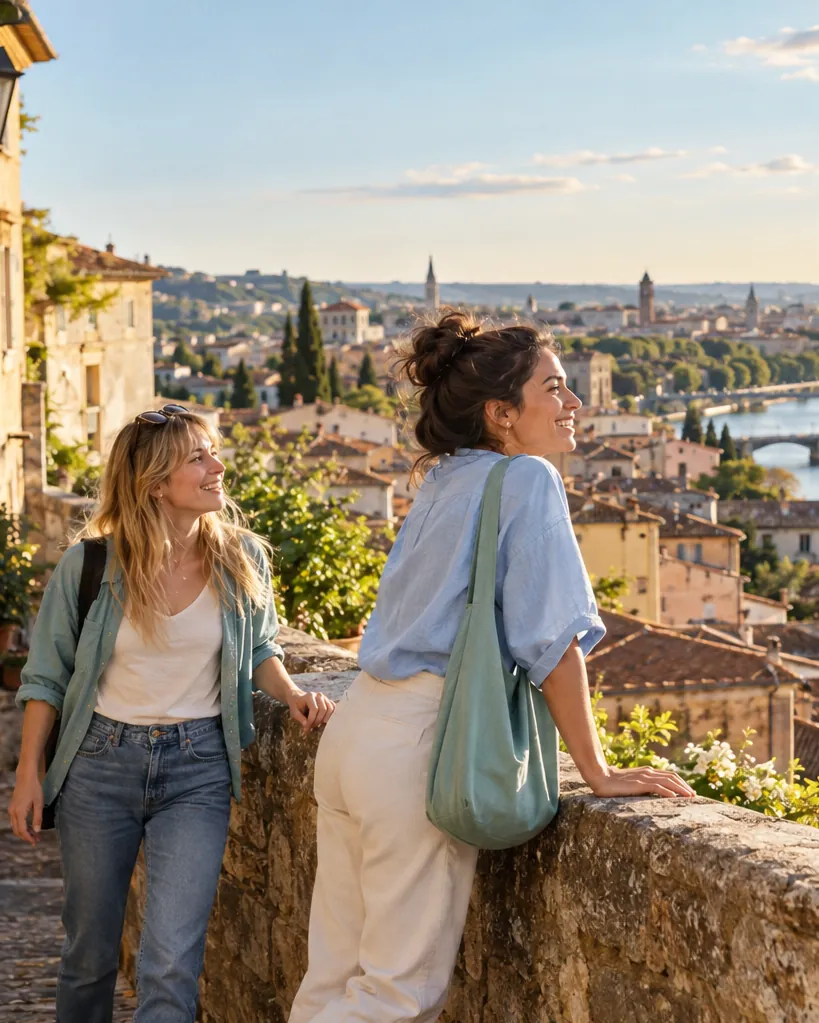 Two women lean on a stone wall and look out over the rooftops of a city on a river.