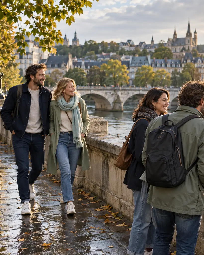 Two people walk briskly along a riverside promenade, with a river and an old town behind them.