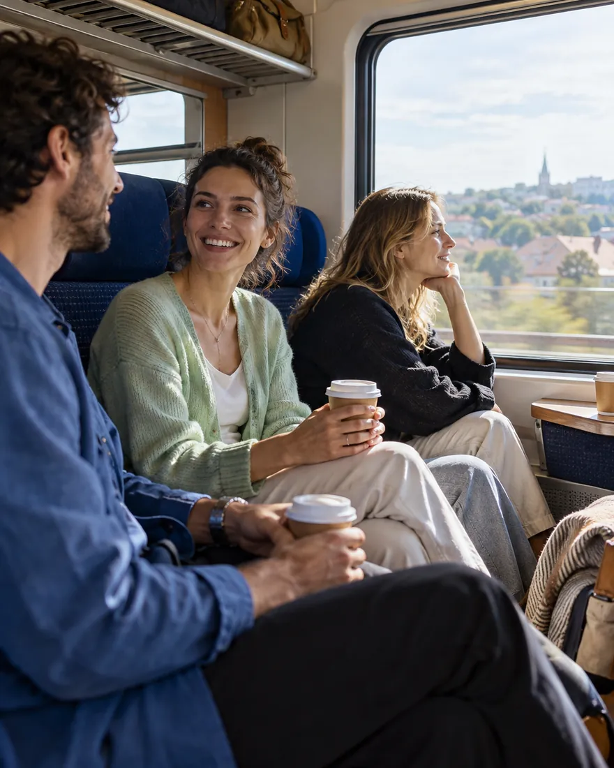 Friends with coffee sit in a train compartment and look out of the window.
