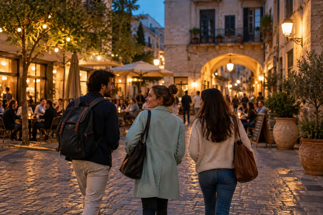Two people stroll through an old-town lane in the evening light.