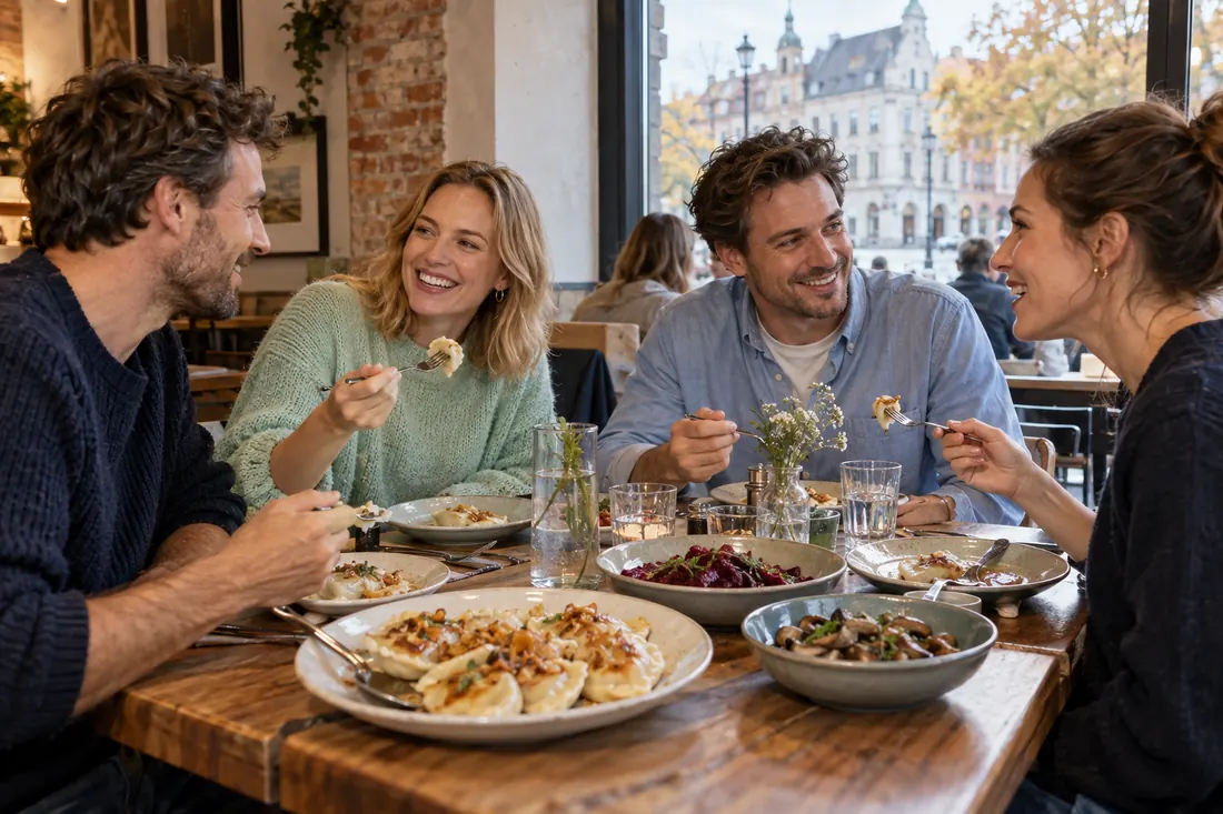 Four friends share a meal at a wooden table in a restaurant.