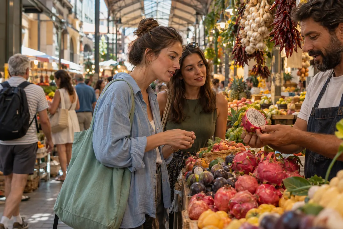 Two women buy fruit at a market stall.