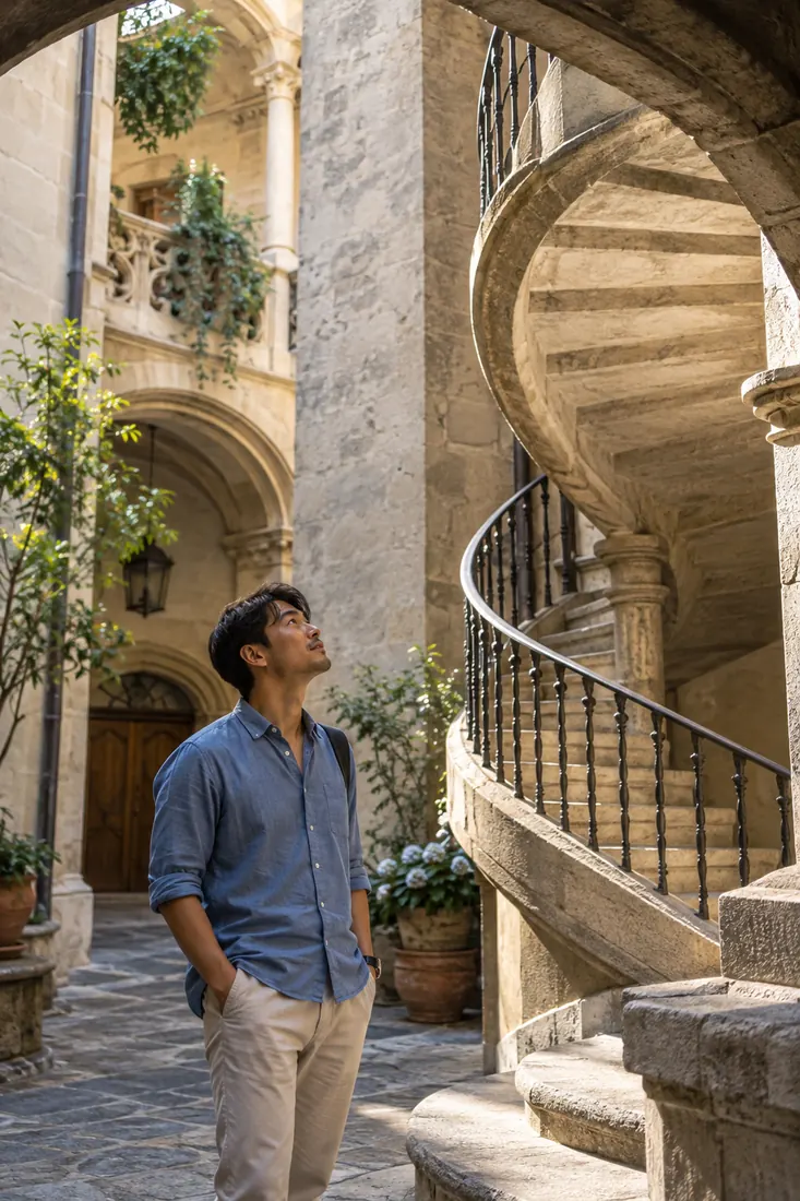 A man stands in a courtyard in front of a spiral staircase, looking up.