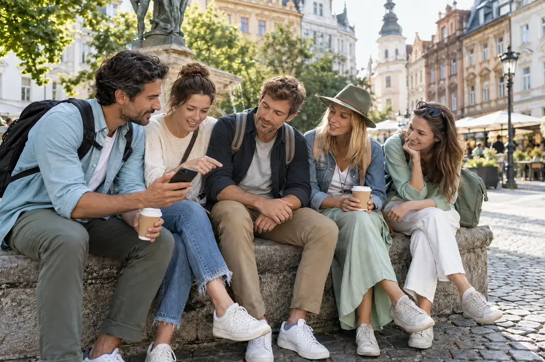 Five friends sit on a wall at a town square, looking at a phone together.
