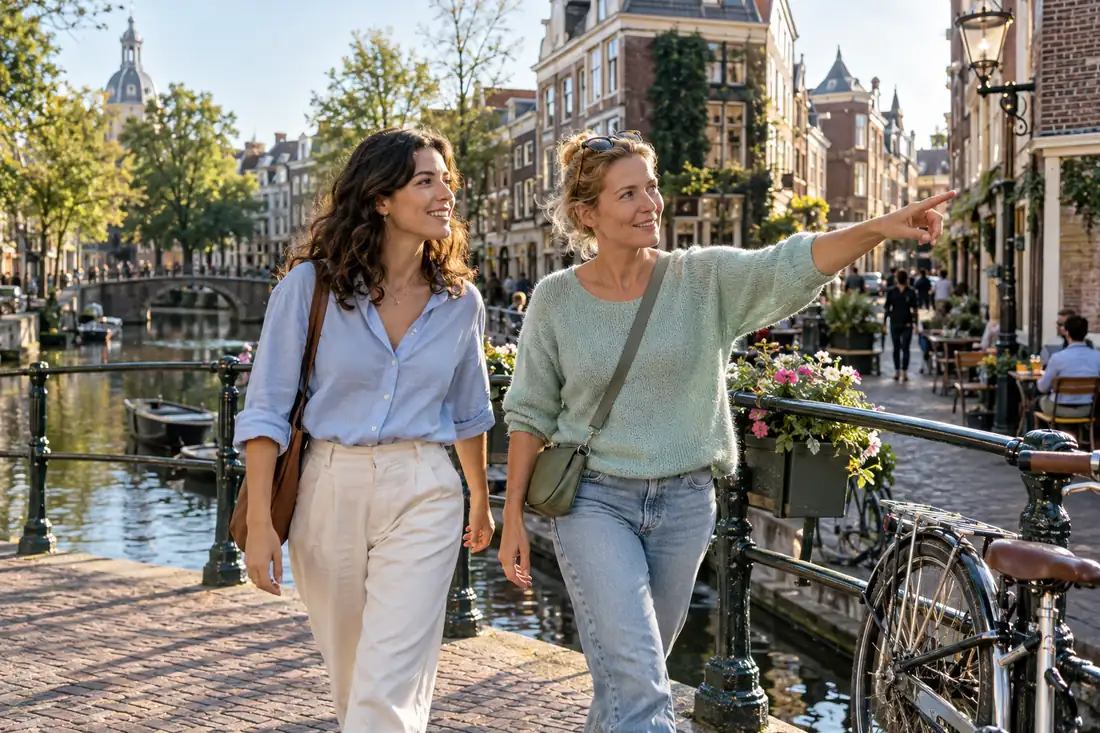Two women walk along a canal, one points into the distance.